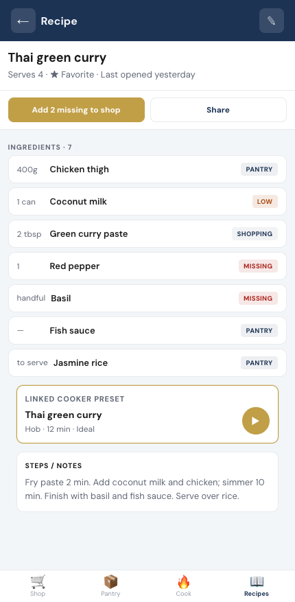 Thai green curry recipe with pantry, shopping, and missing ingredient chips